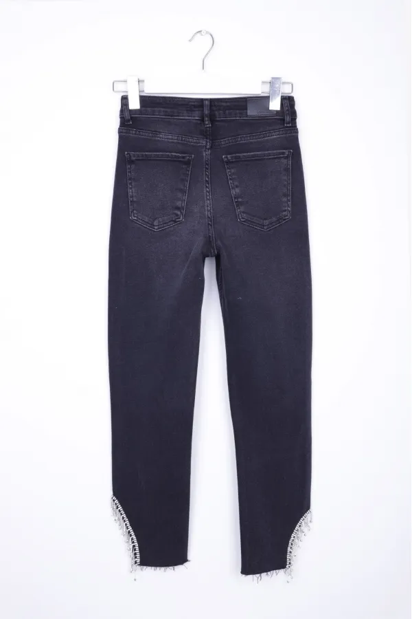 High Waisted Mom Jean with Rhinestones on Leg Hems Sides 1881-03-(26-31) Anthracite Denim High Waisted Mom Jean with Rhinestones on Leg Hems Sides 1881-03-(26-31) Anthracite Denim