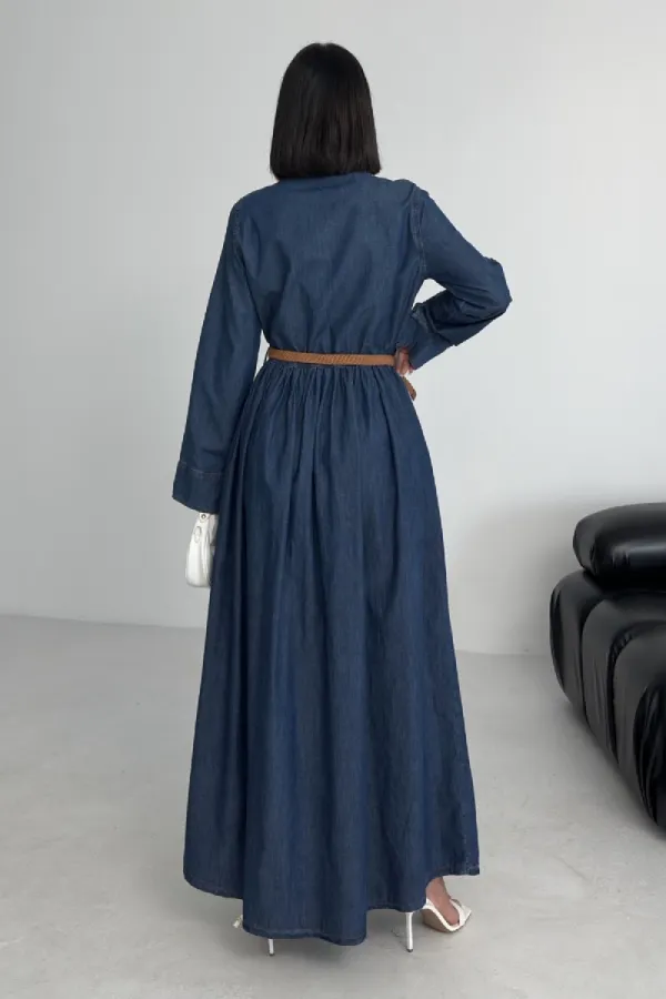 Büzgü Detaylı Uzun Kot Elbise  3048-26-(S-XL)