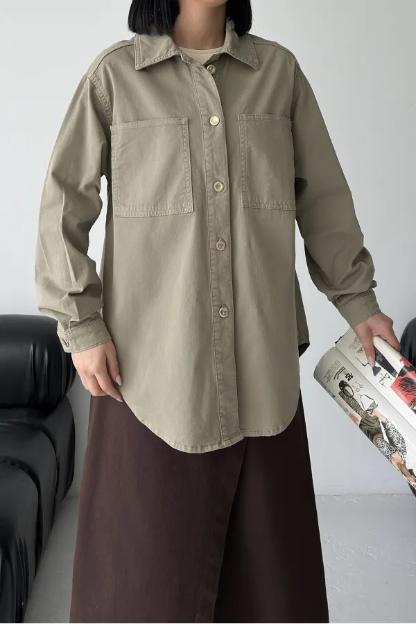 Oversize Denim Jacket with Buttons  6080-74-(S-L-3) Green