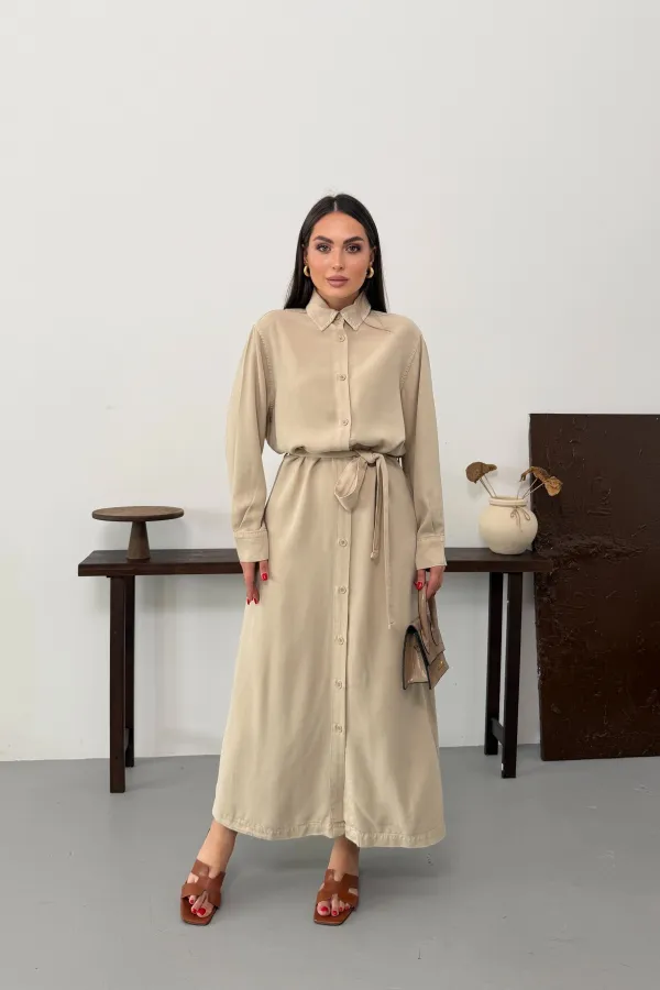 Buttoned Classic Long Denim Dress 3034-65-(S-XL) Stone