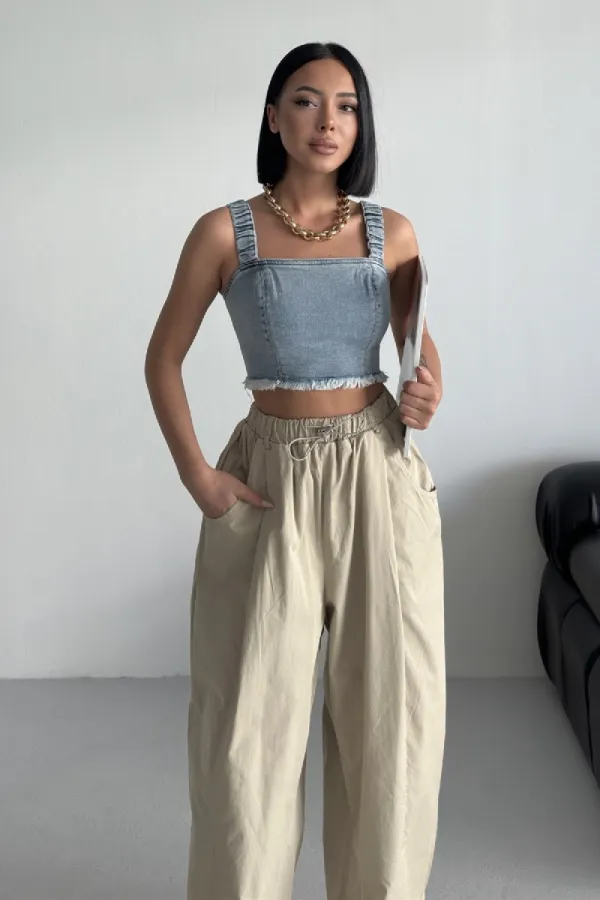 Askılı Fermuarlı Kot Büstiyer 410-08-(S-XL-6) Kar Yıkama Açık Mavi