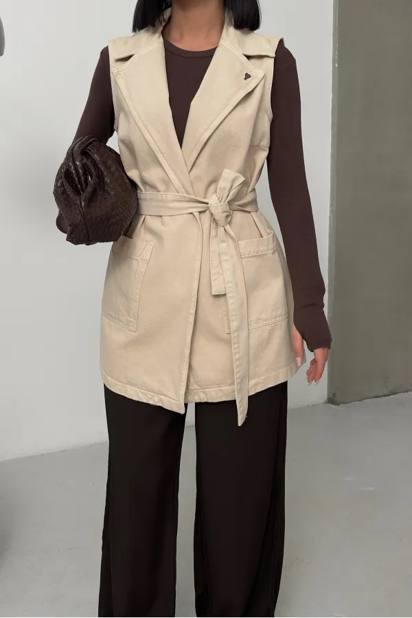 Belted and Cross Over Collar Denim Vest 6137-65-(S-XL) Stone