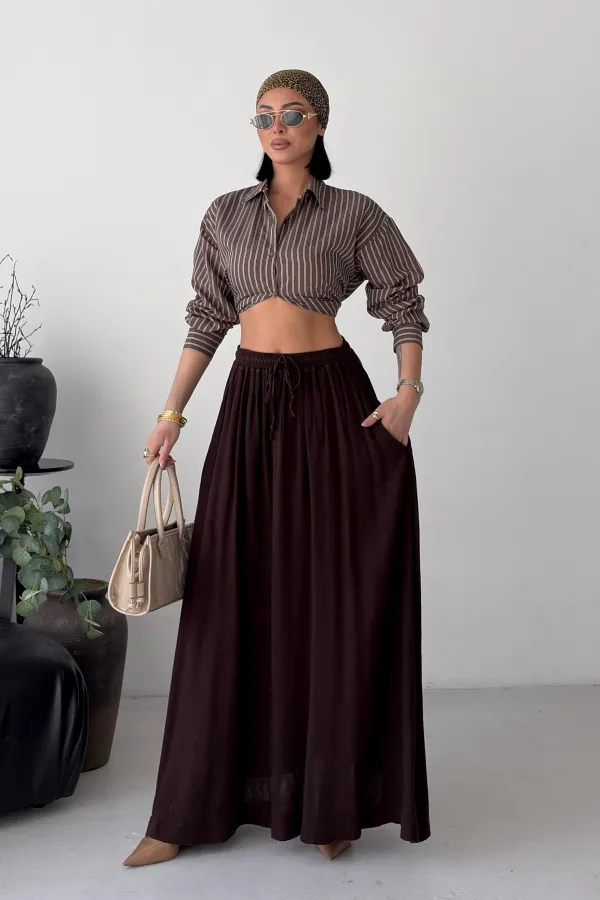 Elasticated Long Skirt HS131-78-(S-L-3) Brown
