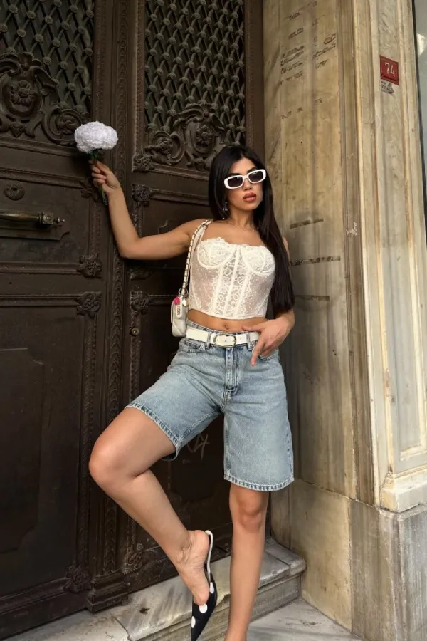 Midi Length Denim Short 2029-14-(38-44-4) Light Blue and Tinted
