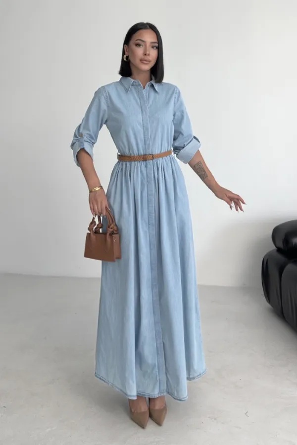 Büzgü Detaylı Uzun Kot Elbise  3048-42-(S-XL)