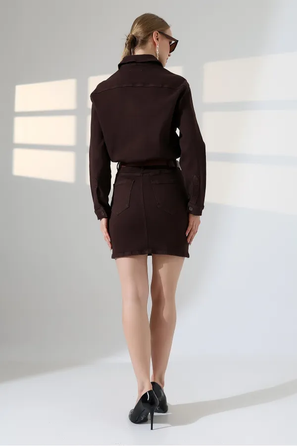 Buttoned Mini Denim Dress  3027-78-(S-L-3) Brown