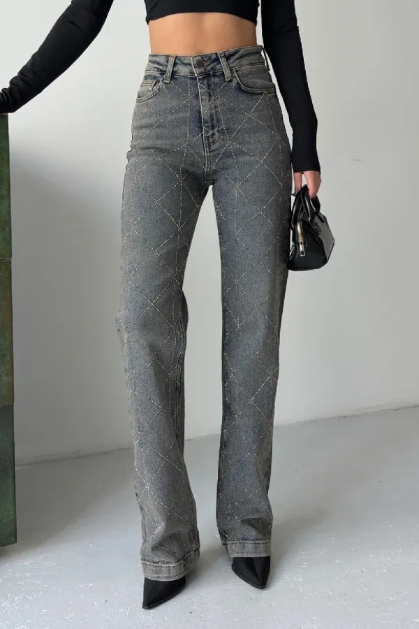 Argyle Patterned Jeans 7106-28-(26-31) Dark Blue Snow Denim Argyle Patterned Jeans 7106-28-(26-31) Dark Blue Snow Denim