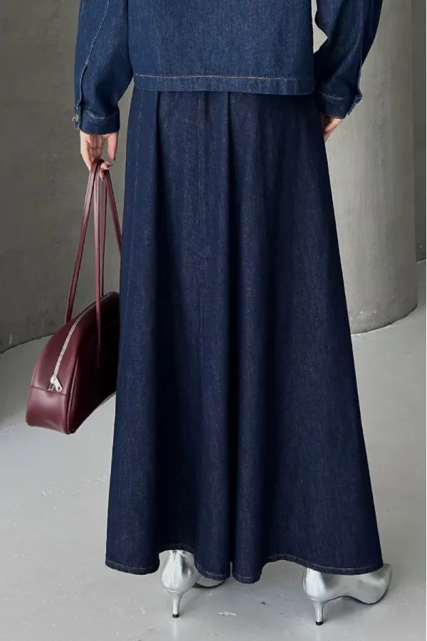 Ruffled Long Skirt with Elasticated Waist 1063-17-(36-44) Slubbed Navy Blue