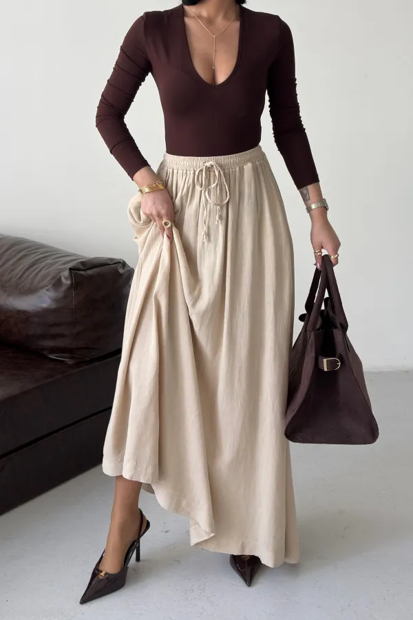 Elasticated Long Skirt HS131-65-(S-L-3) Stone