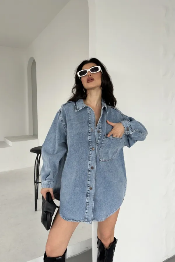 Oversize Denim Jacket with Buttons 6080-08-(S+L+3) Snow Light Blue