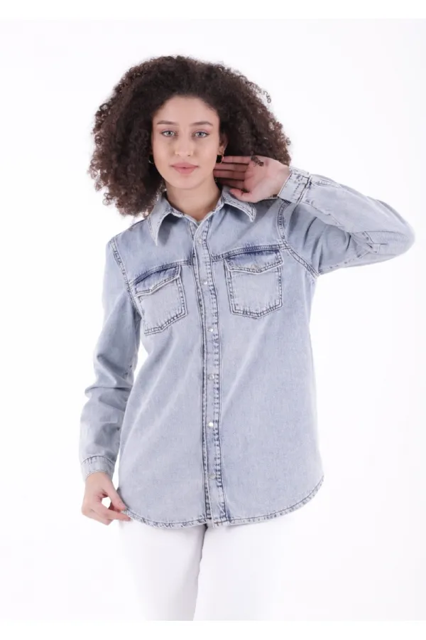 Denim Shirt with Snap Buttons 6013-18-(S-XL-6) Middle Blue Snow Denim Shirt with Snap Buttons 6013-18-(S-XL-6) Middle Blue Snow