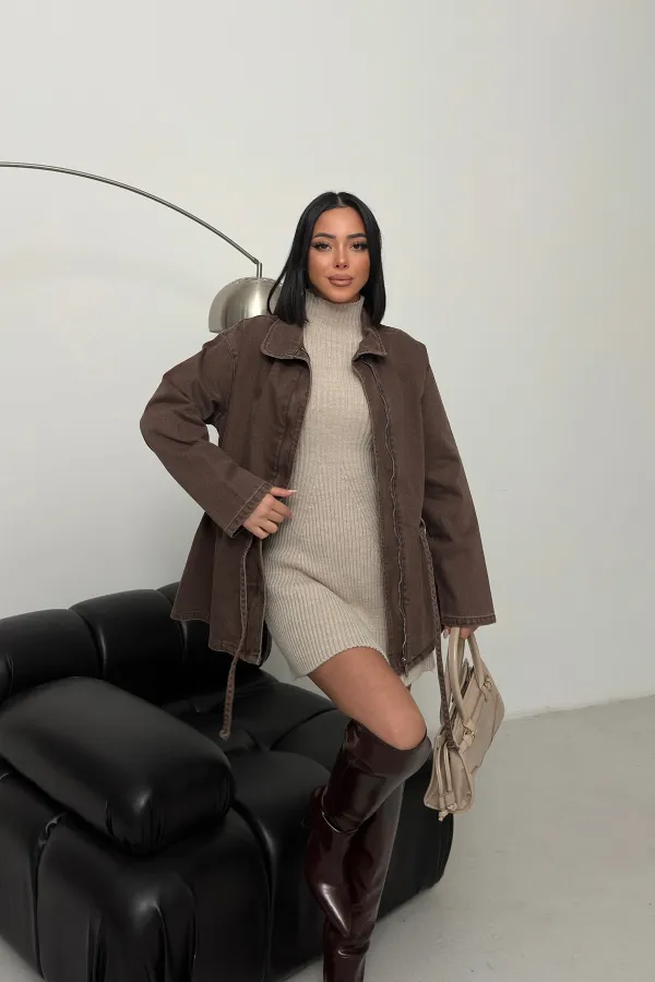 Denim Jacket with Waist Detail 6145-60-(S-L-3) Ancient Brown