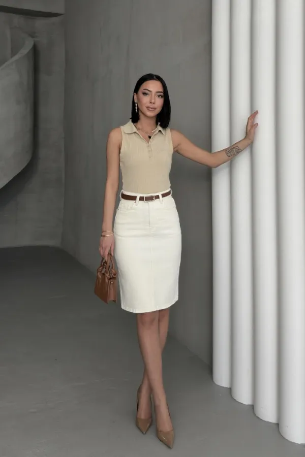 Classic Mid Length Denim Skirt  1039-80-(38-44-4) Natural
