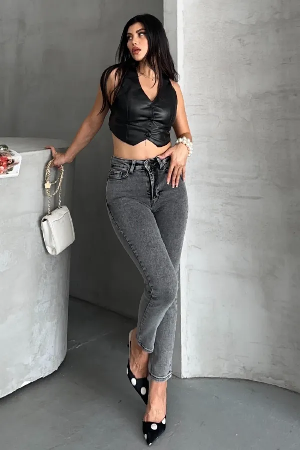 High Waisted Comfort Slim Ankle Length Jean 896-40-(28-33) Light Grey - Snow