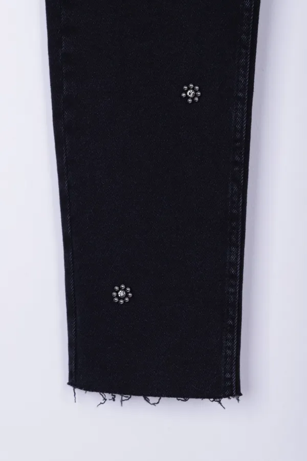 İncili Çiçek Desenli Mom Fit Kot Pantolon  7022-23-(26-31)