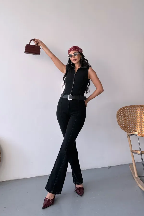 Sleeveless Denim Jumpsuit with Zipper and Belt 3013-23-(S-XL) Regular Anthracite