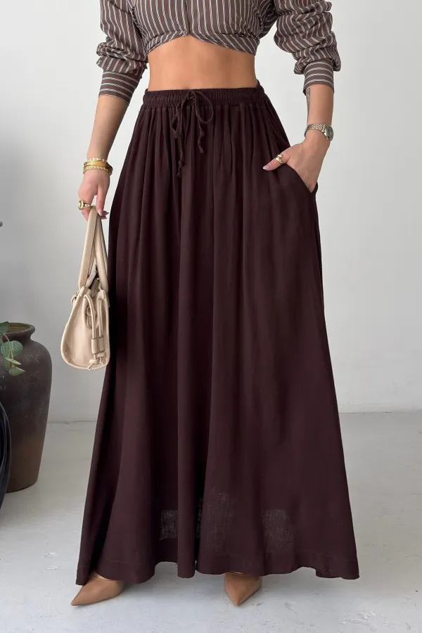 Elasticated Long Skirt HS131-78-(S-L-3) Brown