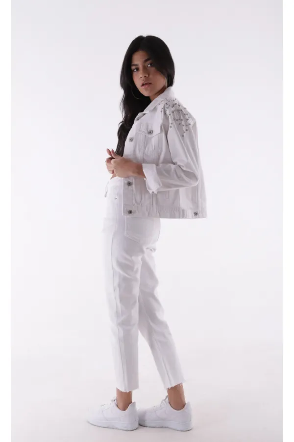 Classic Short Denim Jacket with Decorative Pieces on Shoulders 6076-50-(S-XL-6) White Classic Short Denim Jacket with Decorative Pieces on Shoulders 6076-50-(S-XL-6) White