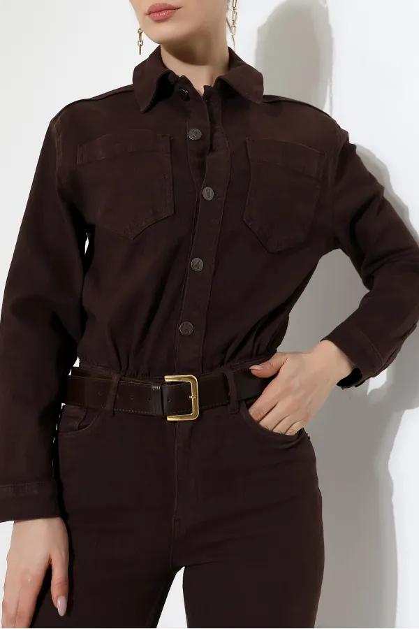 Classic Denim Jumpsuit with Elasticated Waist 3037-78-(S-XL) Brown