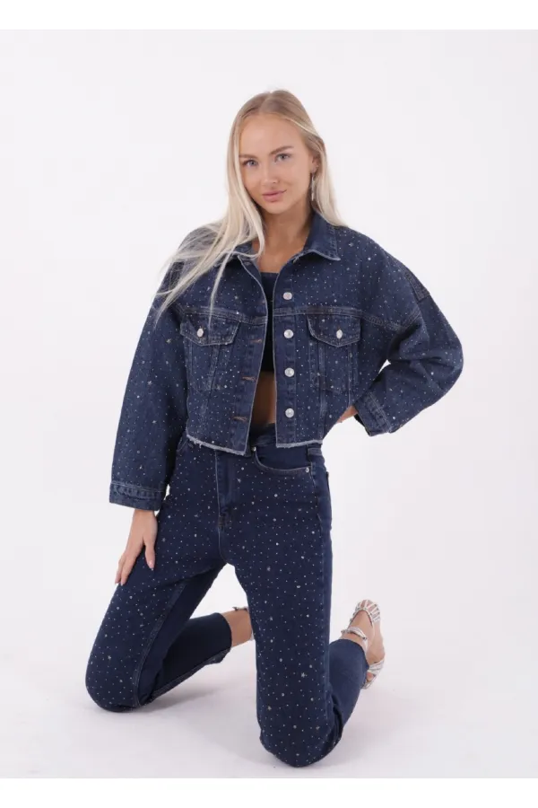 Oversize Short Denim Jacket with Stars and Rhinestones 6005-26-(S-L-5) Regular Dark Blue Oversize Short Denim Jacket with Stars and Rhinestones 6005-26-(S-L-5) Regular Dark Blue