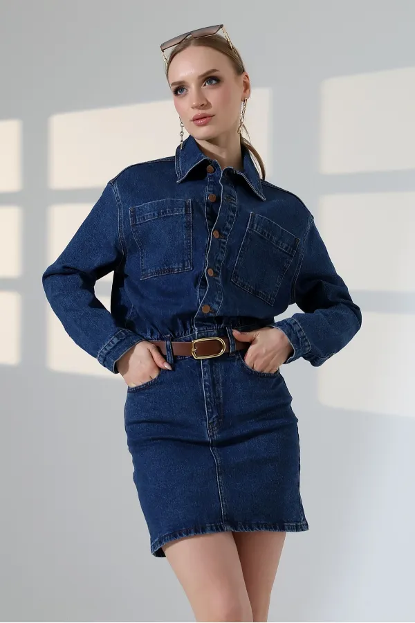 Robe mini en jean boutonnée 3027-01-(SL-3)