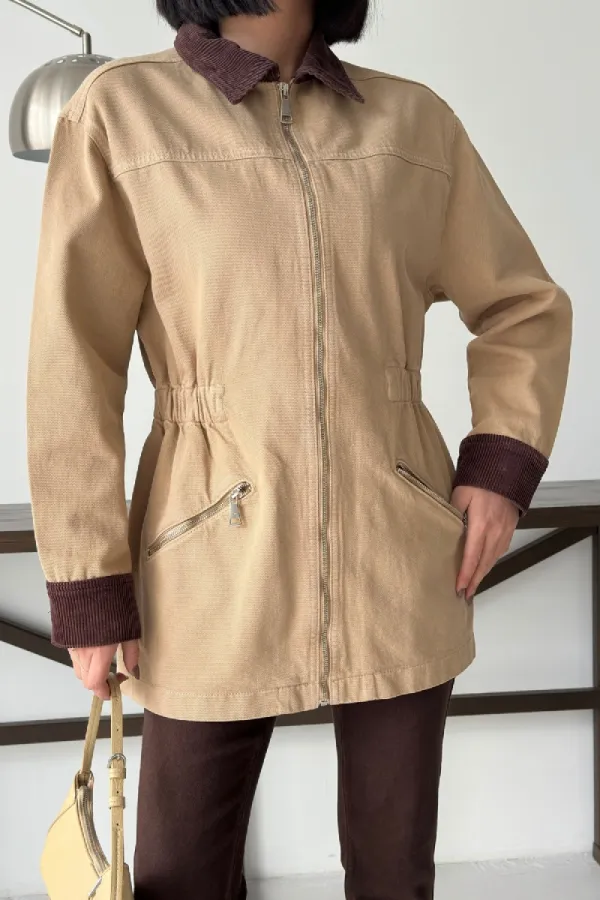 Velvet Piece Detailed Zippered Denim Jacket 6129-70-(S-XL) Camel