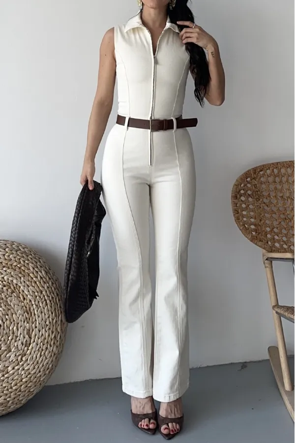 Sleeveless Denim Jumpsuit with Zipper and Belt 3013-80-(S-XL) Natural