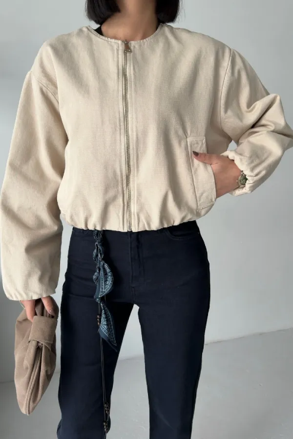 Cropped Zip-Up Jacket 6198-65-(S-L-3) Stone