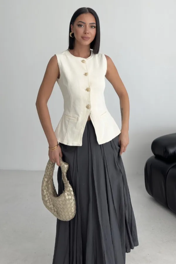 Denim Vest with Slit Front 6086-80-(S-XL) Natural