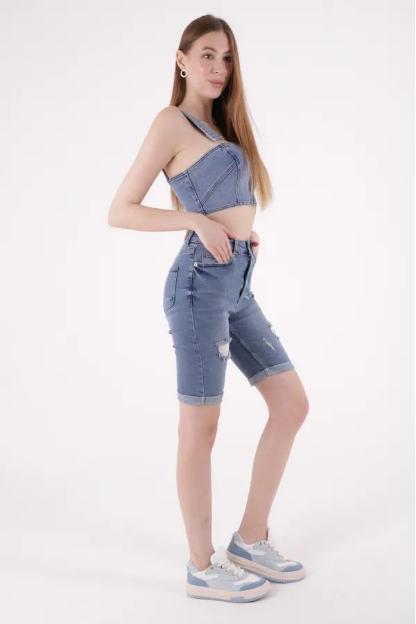 Denim Short with Double Folded Bottom Ending 296-06-(S-XL-6) Middle Blue Denim Denim Short with Double Folded Bottom Ending 296-06-(S-XL-6) Middle Blue Denim