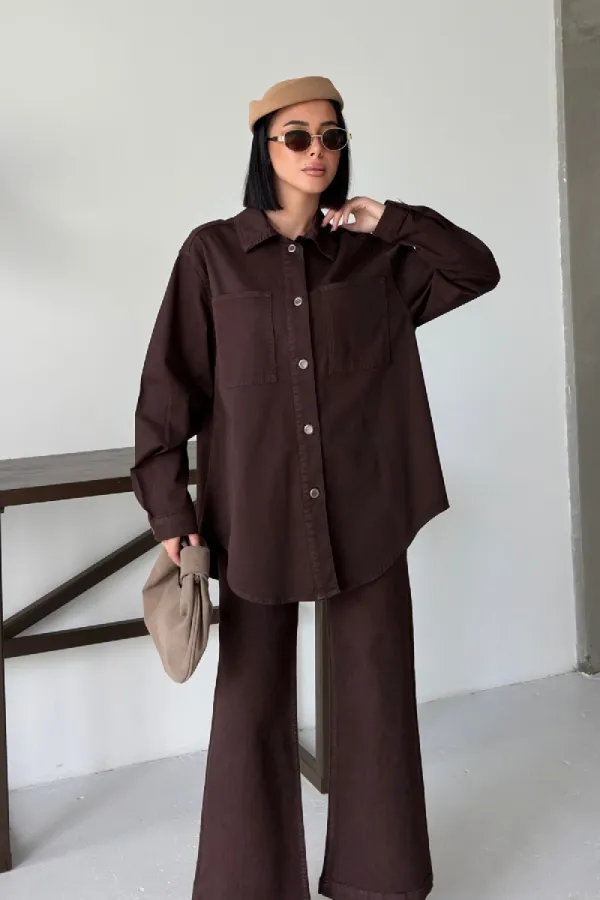 Oversize Denim Jacket with Buttons 6080-78-(S+L+3) Brown