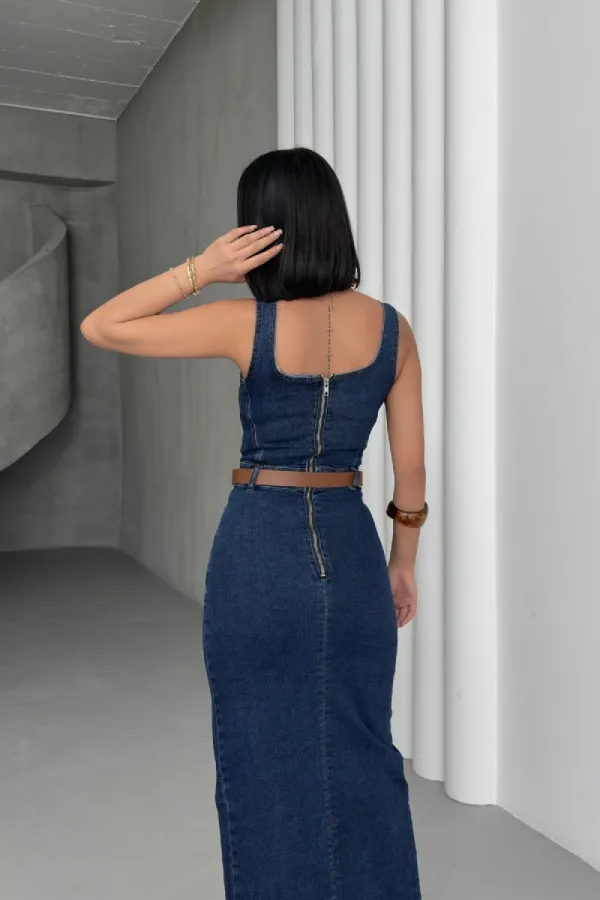 Asimetrik Detaylı Kot Elbise 3019-26-(S-XL)