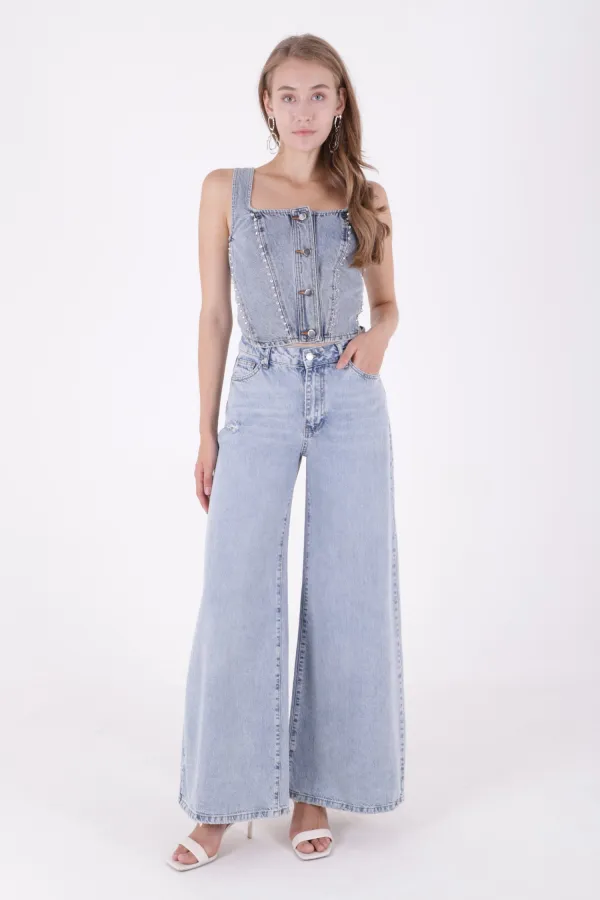 Geniş Saçaklı Paça Peçli  Kot Pantolon 7041-42-(27-32)