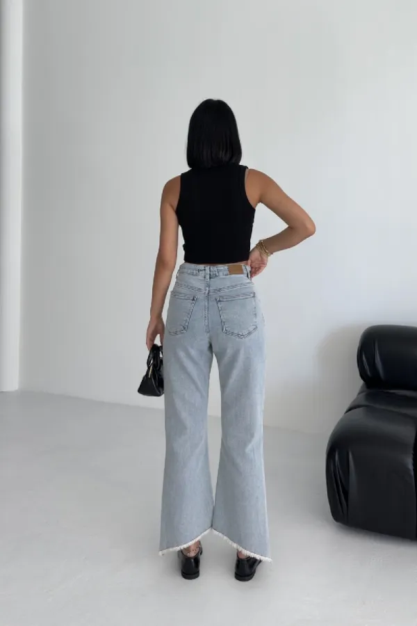 Mom Fit Jean with Asymmetrical Flared Legs 1859-08-(26-31) Snow Light Blue