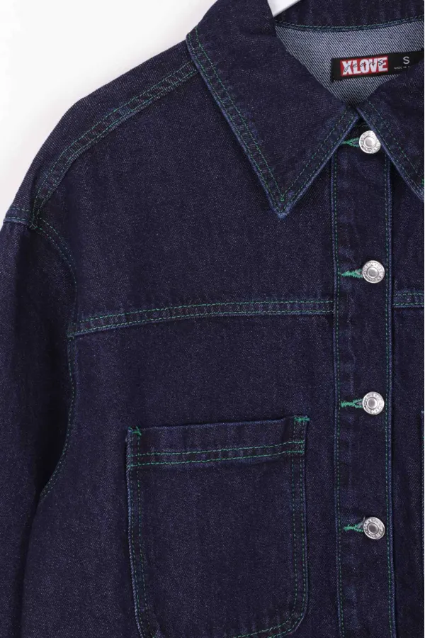 Denim Jacket Sewn with Green Thread 6021-17-(S-XL-6) Slubbed Navy Blue Denim Jacket Sewn with Green Thread 6021-17-(S-XL-6) Slubbed Navy Blue
