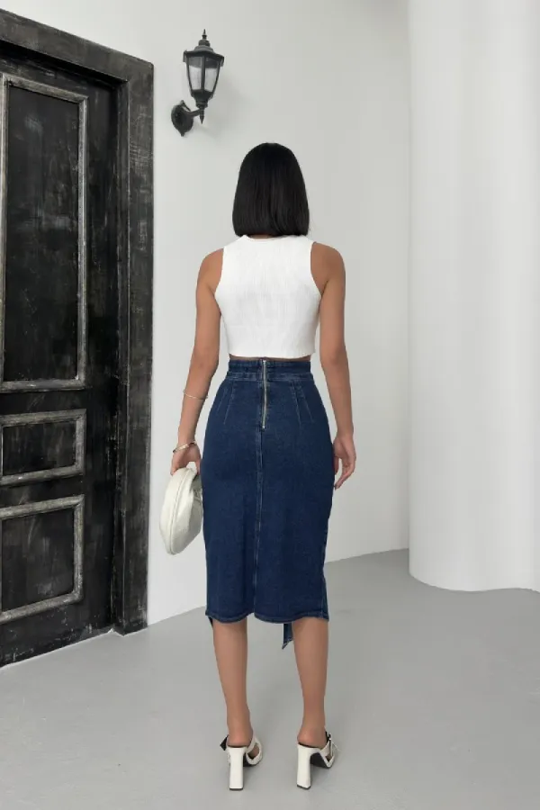 Asymmetric Medium Denim Skirt with Front Darts and Side Slit  122-26-(36-42-6-2) Regular Dark Blue