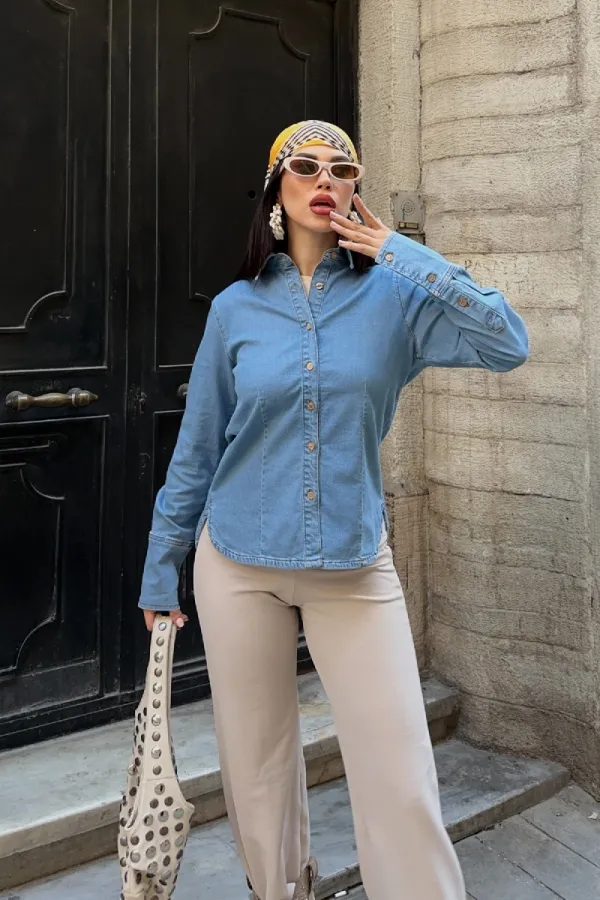 Kol Manşet Detaylı Kot Gömlek 6150-27-(S-XL) Kol Manşet Detaylı Kot Gömlek 6150-27-(S-XL)