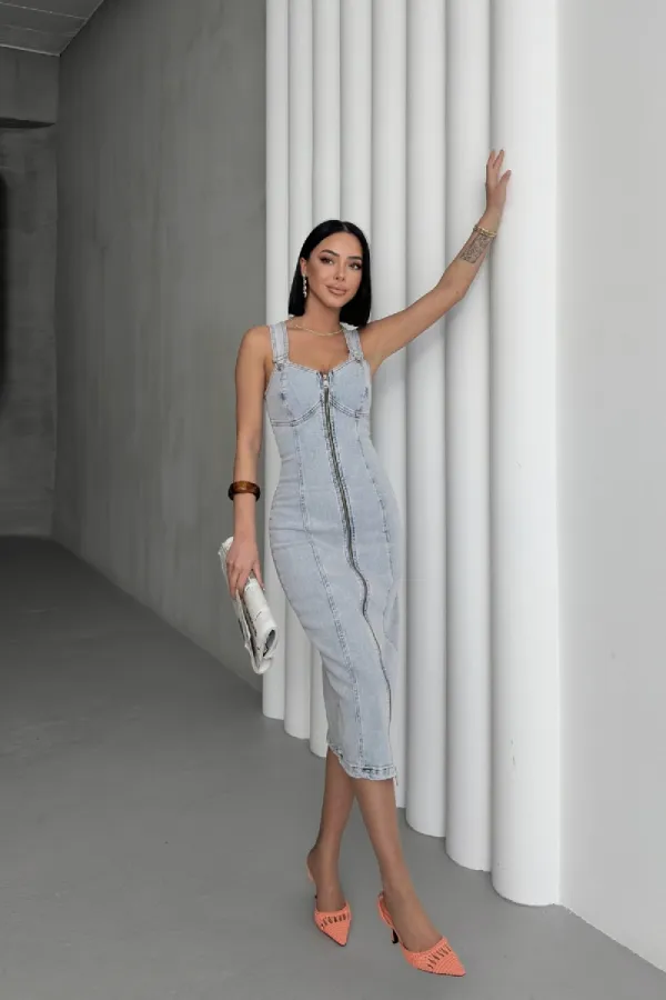 Adjustable Strap Denim Dress 3021-08-(S-XL)