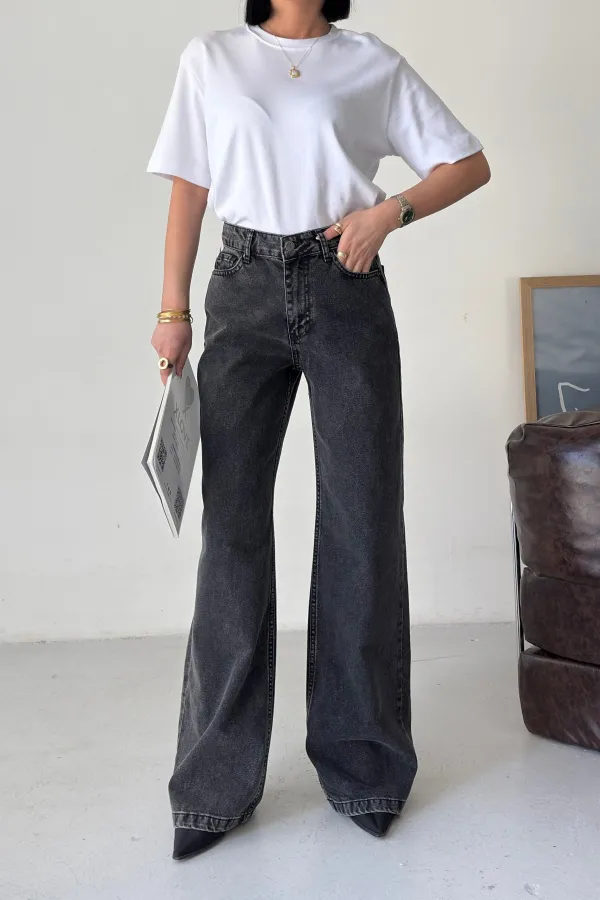 Wide Leg High Waisted Relaxed Jean  718-33-(27-32) Snow Anthracite