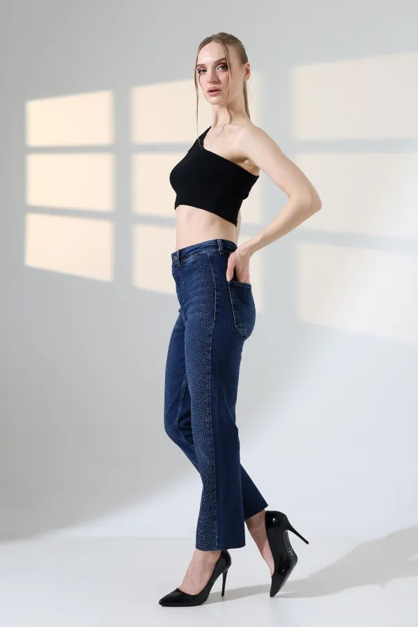Serpme Taşlı  Relax Kot Pantolon  7193-01-(27-32)