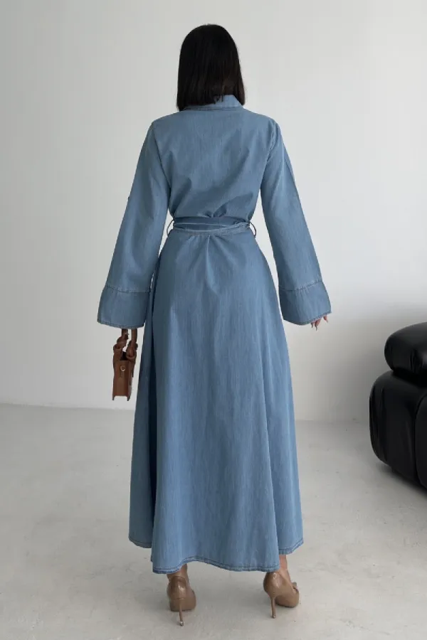 Düğmeli Uzun Boy Kot Elbise 3047-27-(S-XL)