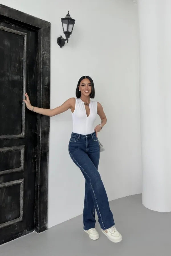 Taşlı Straight Kot Pantolon 7112-01-(26-31)
