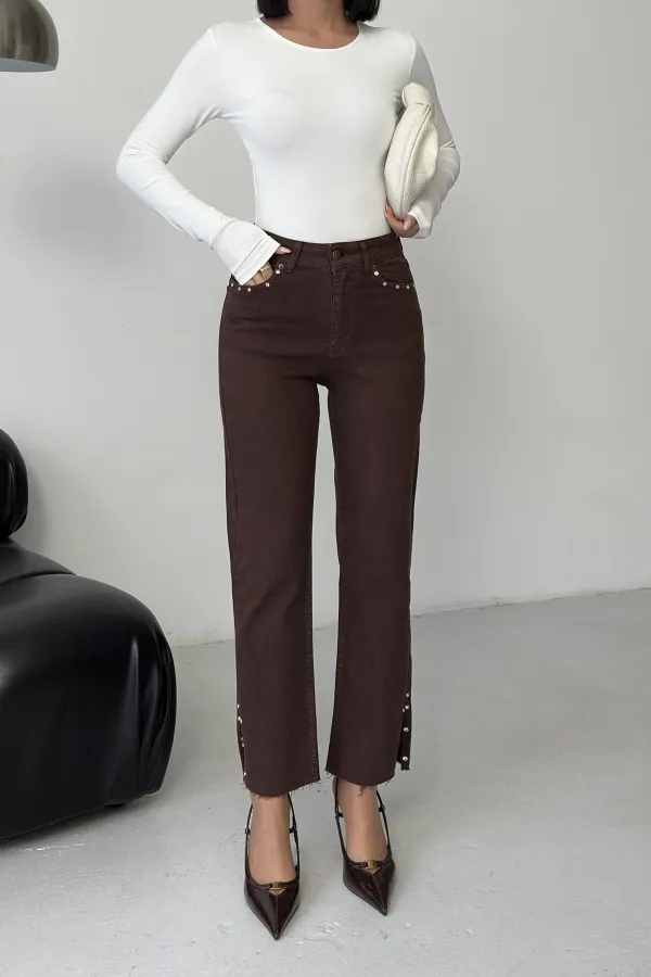 Mom Jean with Side Slits 1774-78-(27-32) Brown Mom Jean with Side Slits 1774-78-(27-32) Brown