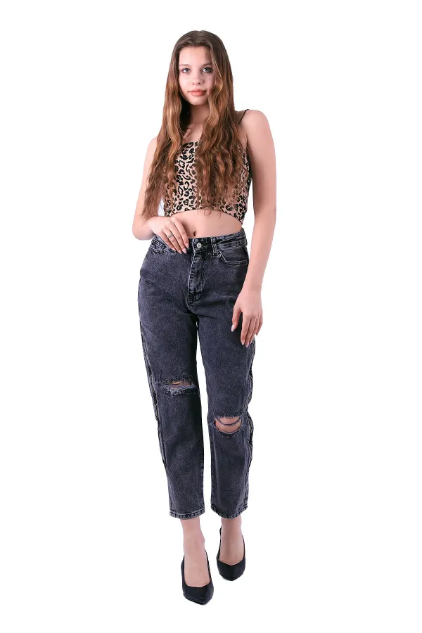 Yanı Fermuarlı Mom Kot Pantolon 717-33-(27-32) Yanı Fermuarlı Mom Kot Pantolon 717-33-(27-32)