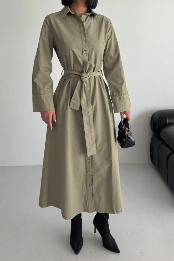 Düğmeli Uzun Boy Kot Elbise 3047-74-(S-XL)