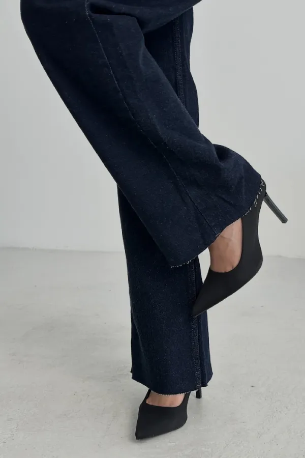 Wide Leg Palazzo Relaxed Jean with Decorative Front Pockets  1710-17-(30-36) Slubbed Navy Blue