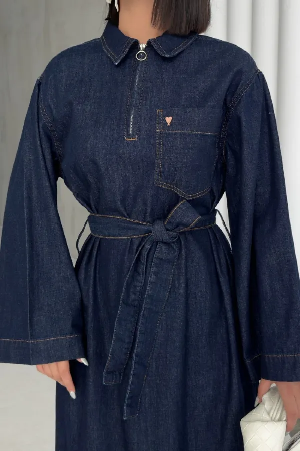 Kuşaklı Uzun Kot Elbise  3035-17-(S-XL)