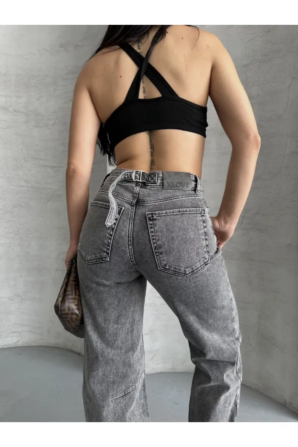 Baggy Jeans with Dart Detail on Legs 7088-40-(26-31) Light Grey - Snow