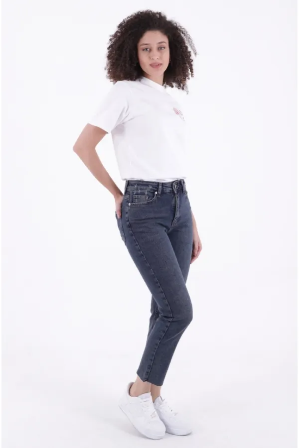Fringe Ending High Waisted Mom Fit Jean 764-28-(26-29) Dark Blue Snow Denim