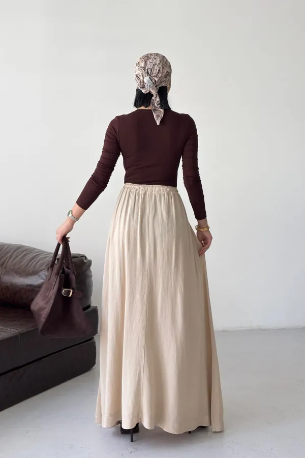 Elasticated Long Skirt HS131-65-(S-L-3) Stone
